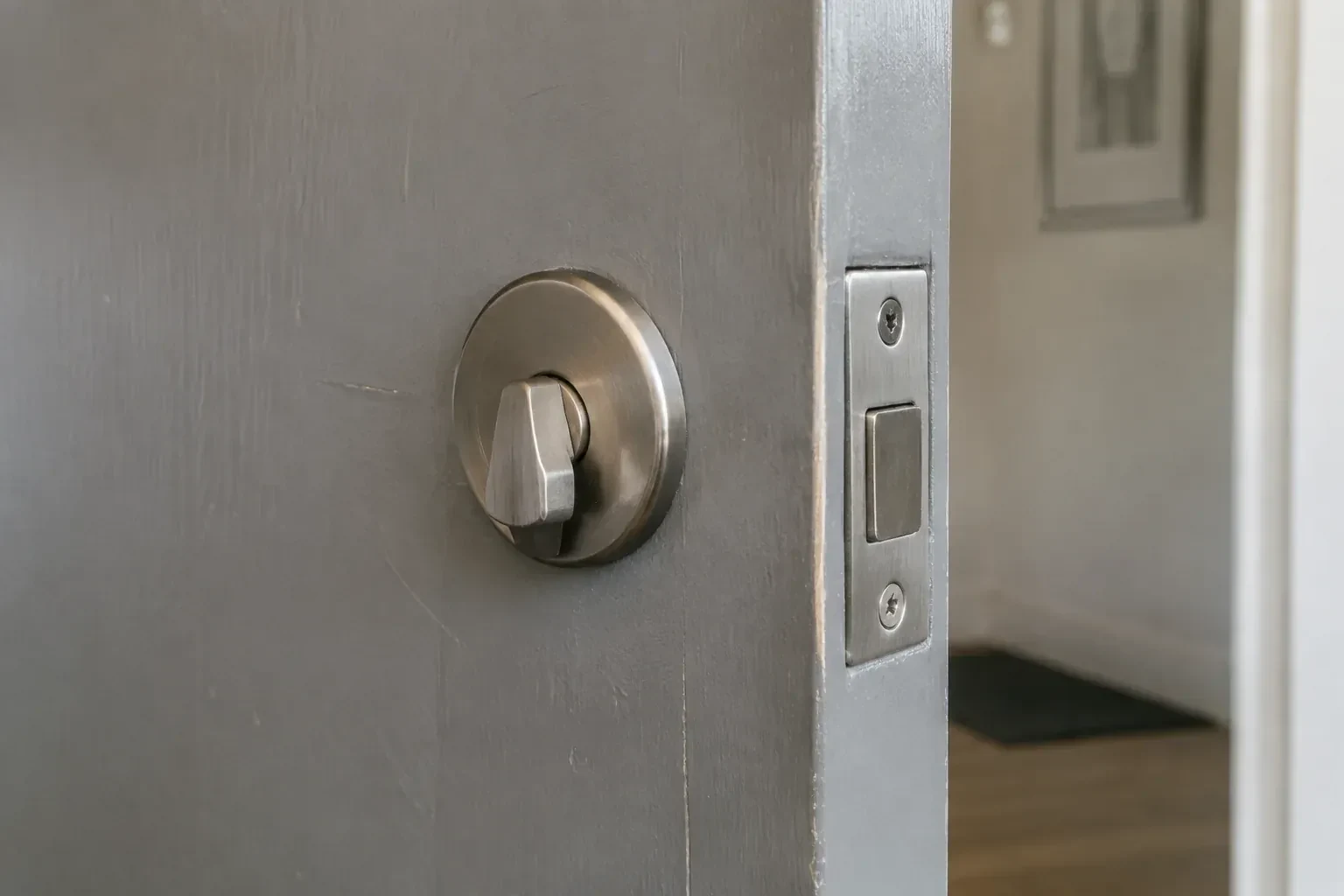 Close view of a satin-nickel deadbolt thumbturn and edge faceplate on a painted timber door. — Deadbolt Installation, Mississauga
