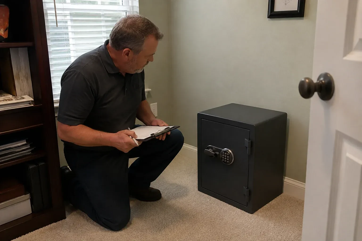Person holding a clipboard beside a closed black safe with a circular keypad in a carpeted room. — Safe Installation & Servicing, Mississauga