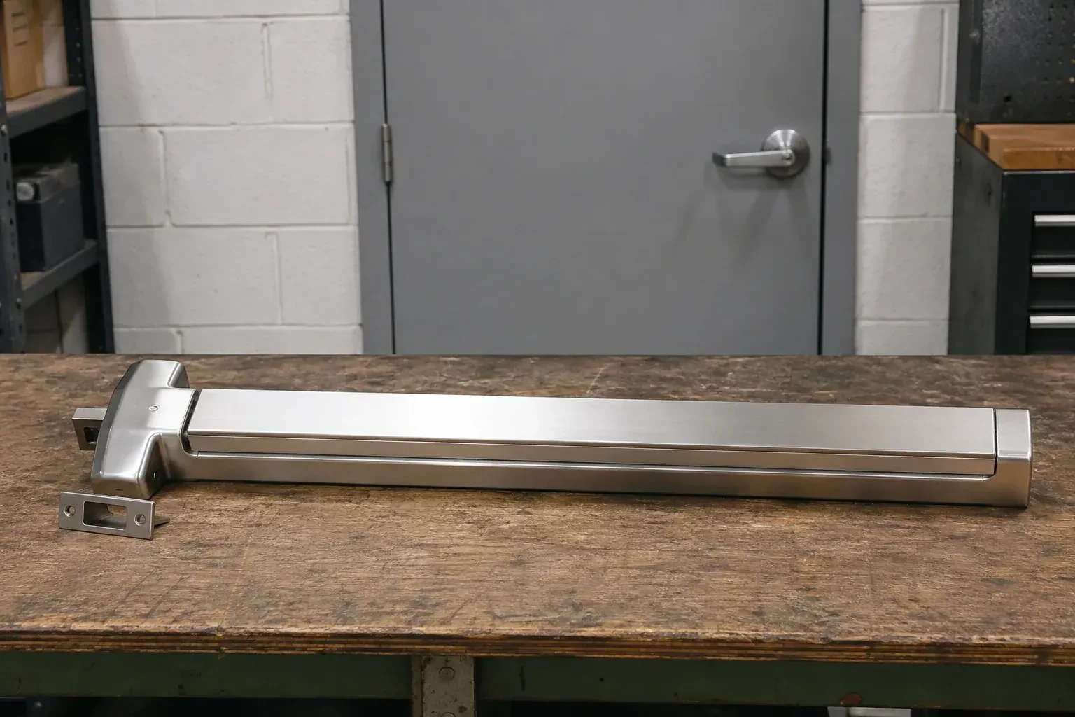 Detached horizontal exit device and separate strike component on a workshop bench. — Panic & Exit Hardware, Mississauga