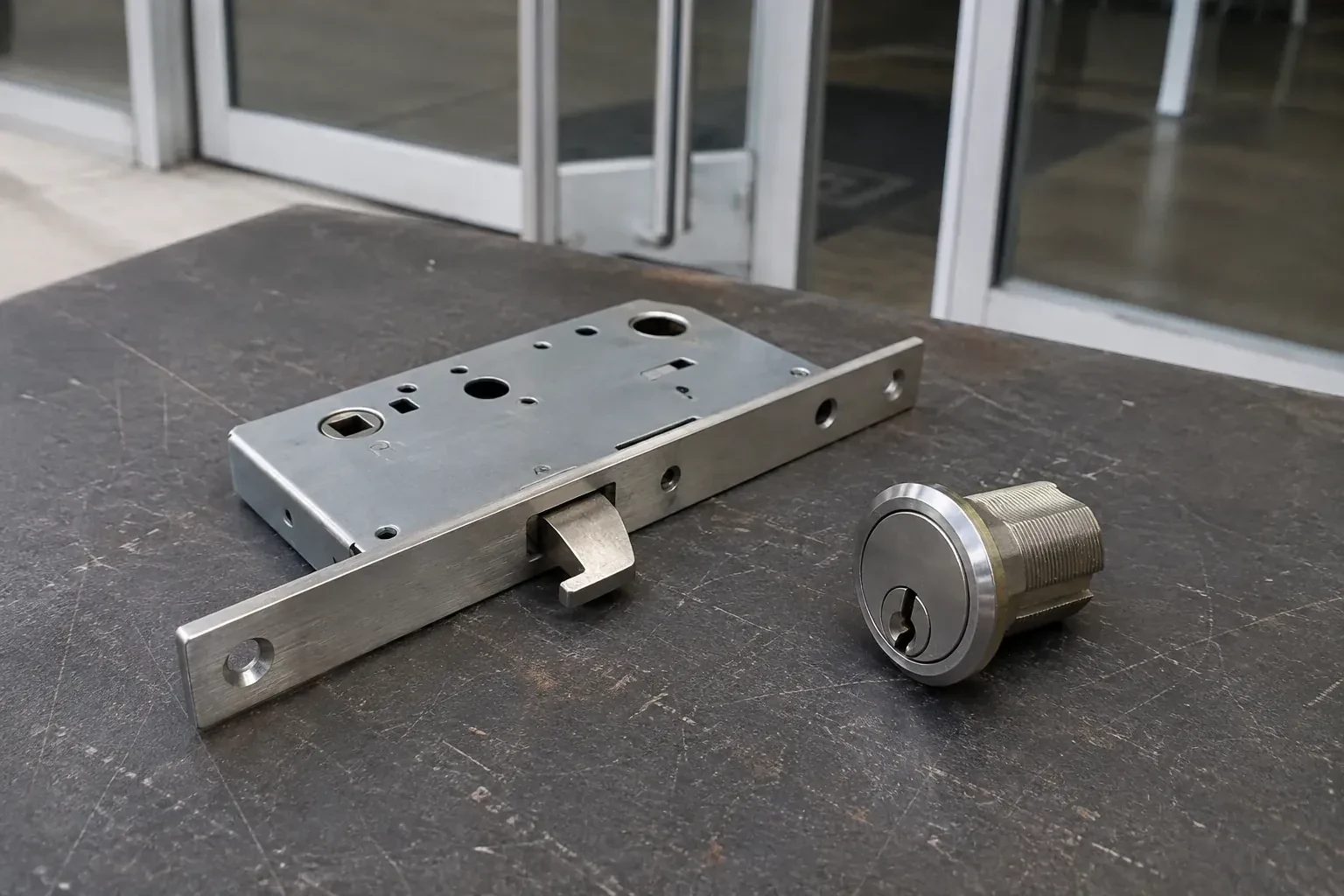 Detached mortise lock body with a projecting hook-shaped bolt beside a threaded cylinder. — Commercial-Grade Lock Replacement, Mississauga