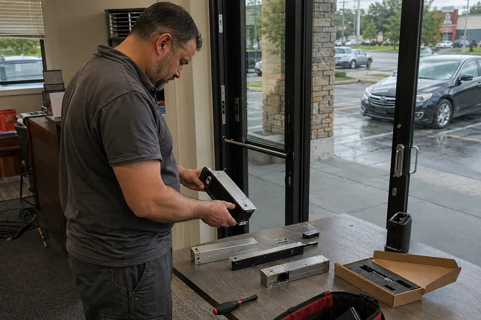 Person holding a rectangular door-hardware housing at a table with additional metal assemblies beside a glass entrance. — Access Control Installation, Mississauga