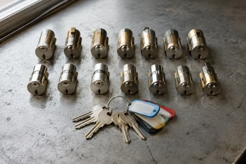 Two rows of lock cylinders on a metal surface with keys and colored key tags in front. — Master Key System Design, Mississauga