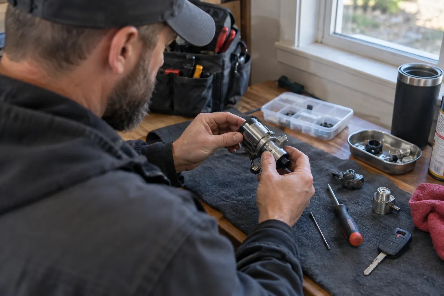 Technician examining a steel cylindrical lock part above a dark mat with a screwdriver, a key fob and loose parts.