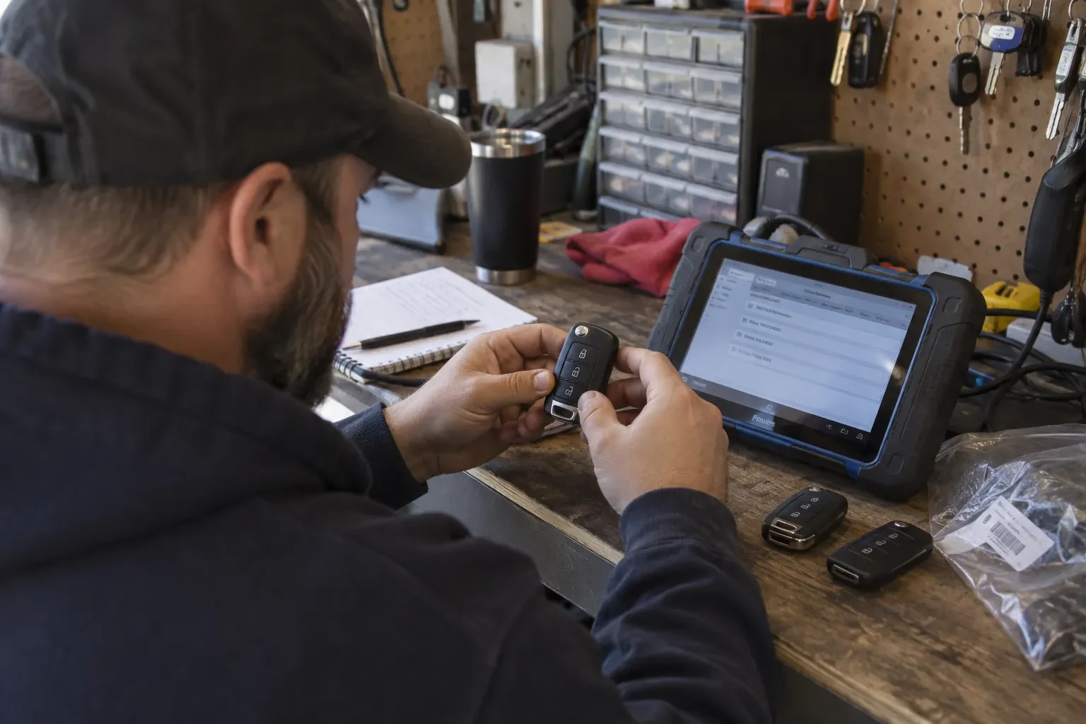 Technician holding a three-button key fob at a workbench with a tablet, two spare fobs, a notebook and a pegboard behind. — Markland Woods