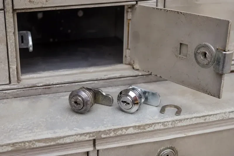 Two loose cam locks and a retaining clip resting below an open metal mailbox compartment. — Mailbox Lock Replacement, Mississauga