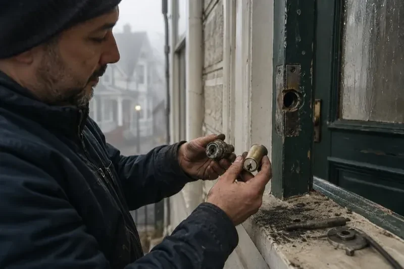 Person holding two lock cylinders beside an open painted door, with loose hardware and debris on the sill. — Seized & Jammed Lock Opening, Mississauga